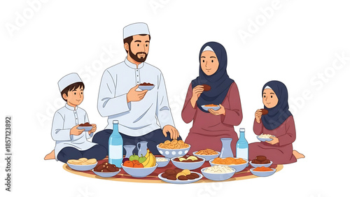 A Muslim Family Enjoying a Festive Meal Together During Ramadan or Eid Celebration