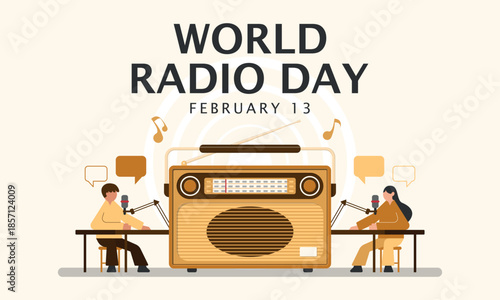 World Radio Day Poster. The radio announcer is delivering information