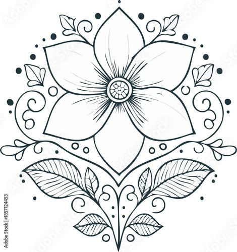  Clean fine line tattoo design of a single delicate flower with leaves