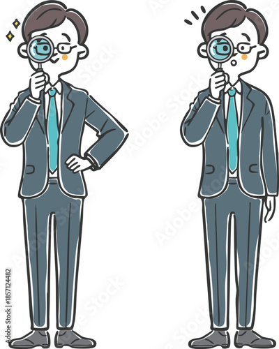 虫眼鏡をのぞくビジネスマン　全身　ベクター