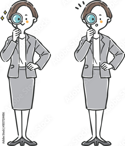 虫眼鏡をのぞくビジネスウーマン　全身　ベクター
