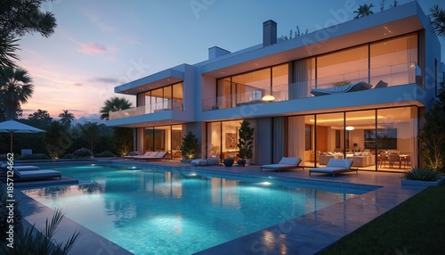 Wallpaper Mural Modern luxury villa with swimming pool at twilight. Large glass windows reveal illuminated interior spaces. Palm trees and manicured lawns surround the estate. Torontodigital.ca