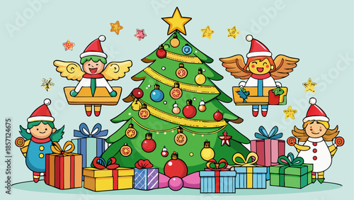Elves celebrating christmas with tree and gifts