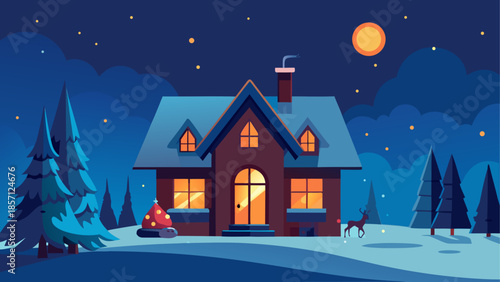 Cozy cottage in winter night