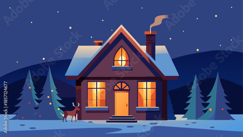 Cozy cottage in winter night