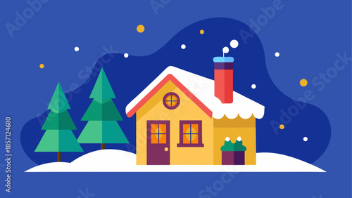 Cozy winter cottage in snowy night