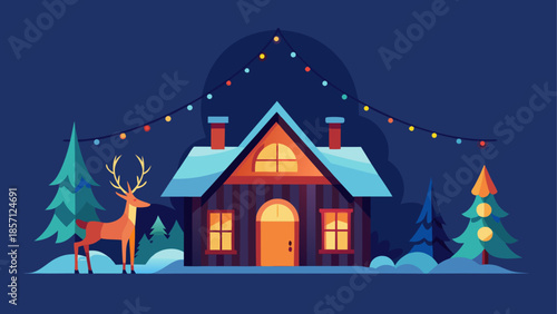 Cozy winter cabin with deer