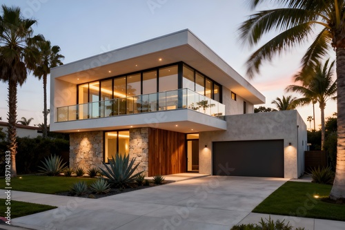 Modern two-story house with a well-lit exterior and landscaped front yard featuring palm trees and succulents