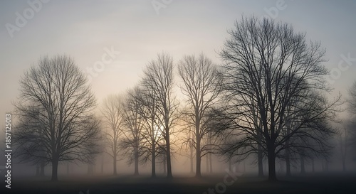 Bare trees in foggy landscape at sunrise.
