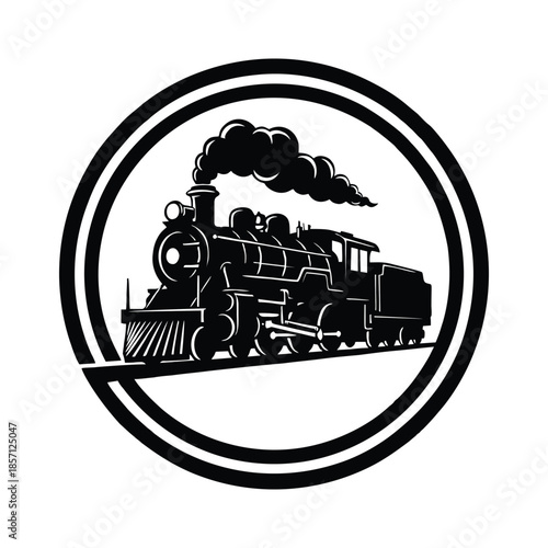 Vintage Locomotive Steaming Down Tracks Captured in a Timeless Circle Emblem