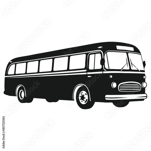 Vintage black and white silhouette of a classic passenger bus vehicle