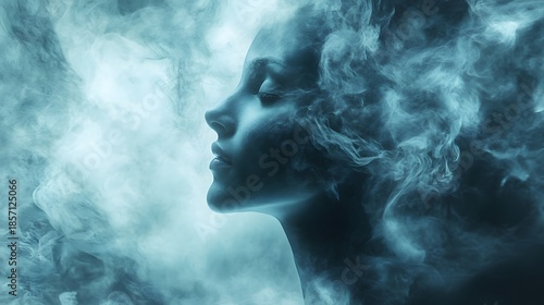 A woman's face emerges from a swirling cloud of smoke, creating a mystical and ethereal atmosphere.