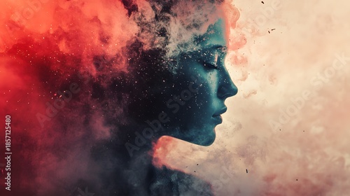 A woman's face is partially obscured by a swirling cloud of red, blue, and white smoke.