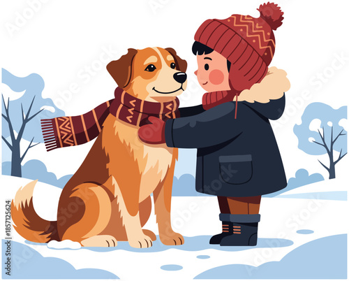 A child in winter clothes puts a warm scarf on a friendly brown and white dog in a snowy outdoor setting.