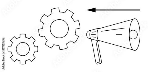 Communication concept. Communication between mechanical processes and information transmission with gears, megaphone, directional arrow. For teamwork, workflow, technology, marketing, collaboration