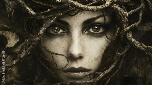 A woman's face with roots and branches around her head, creating a crown or halo. Her eyes are the main focus and her expression is intense and mysterious.