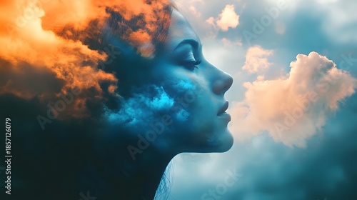 A woman's profile is superimposed with a swirling, colorful cloud pattern, creating a surreal and dreamlike image.