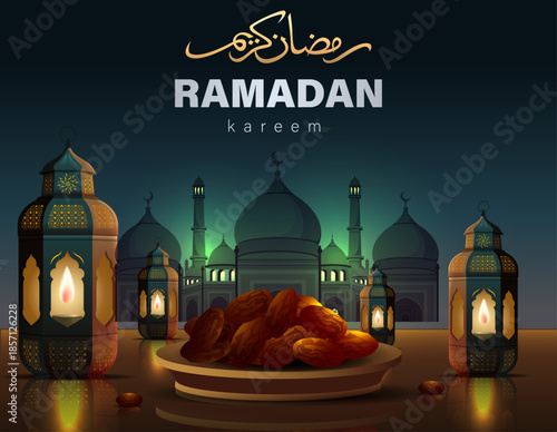 Ramadan Kareem Illustration with Mosque, Lanterns and Iftar Dates on Night Background. Ramadan Poster Design Vector Illustration.