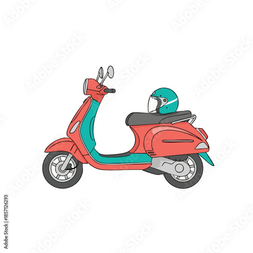 A scooter with a rider wearing a helmet on a plain background