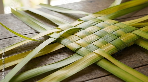 Traditional craft of weaving fresh green palm leaves together on a wooden table.