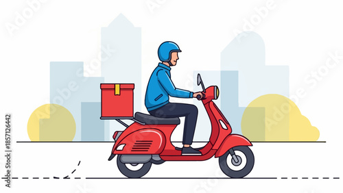 Fast and reliable urban delivery service with a swift courier on a vibrant red motor scooter, quickly transporting packages and food for modern logistics
