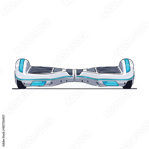 A white and blue hoverboard stands on a flat surface viewed from the front