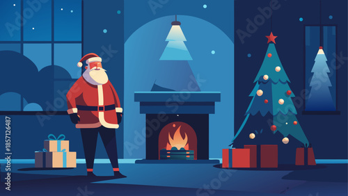 Santa claus by the fireplace with christmas tree