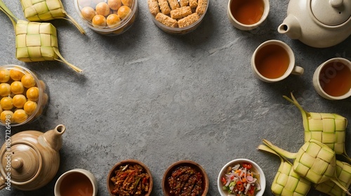 Traditional Eid al-Fitr food flat lay with ketupat rice cakes cookies and tea on a grey background.