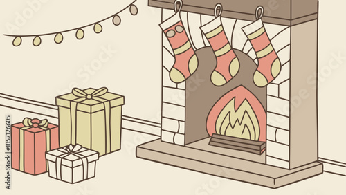 Cozy christmas fireplace with stockings and gifts