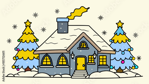 Cozy winter cottage with snowy trees