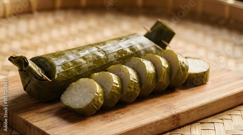Traditional Indonesian Lontong rice cake wrapped in banana leaf sliced on a wooden board.