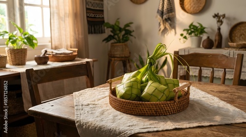 Traditional Ketupat rice dumplings in a woven basket on a rustic dining table.
