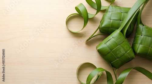 Traditional Ketupat rice dumplings for Hari Raya Aidilfitri celebration on a plain background.