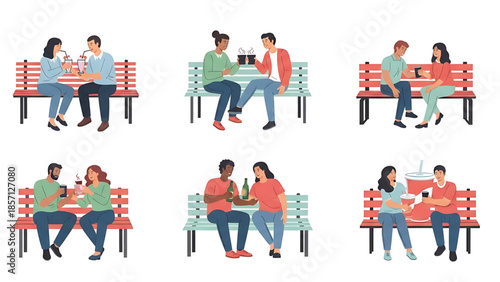 Illustrations of diverse friends and couples enjoying drinks and conversations on park benches, depicting social interaction, relaxation, and leisure moments in a vibrant graphic style