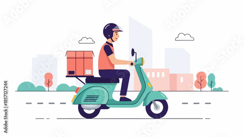 Delivery person riding a scooter with a package on the back, concept of quick delivery and urban transportation