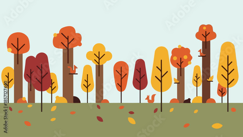 A vibrant autumnal forest illustration showcasing a collection of stylized trees in various warm fall colors, with playful squirrels and scattered leaves creating a serene natural landscape scene
