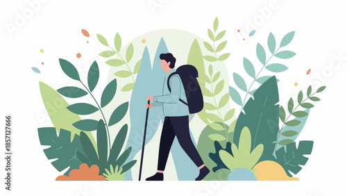 The serene journey of a lone hiker traversing a vibrant, stylized natural landscape, symbolizing the spirit of outdoor adventure, freedom, and personal discovery amidst lush foliage and distant peaks