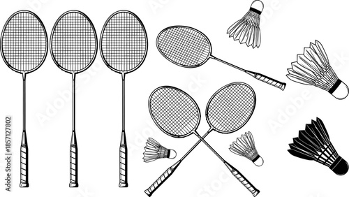 Badminton racket and shuttlecock icon set, black line art sports equipment collection, clean vector illustration isolated on white background, 