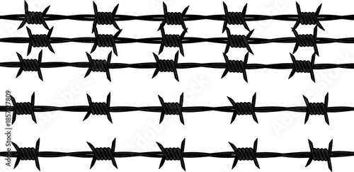 Barbed wire silhouette pattern set, sharp twisted metal fence elements, security and danger concept vector illustration isolated on white backgroundBarbed wire silhouette pattern set, 
