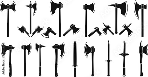 Battle axe and medieval weapon silhouettes set, fantasy and historical combat tools collection, black vector illustration for warriors, games, heraldry, logo design