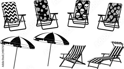 Beach chair and umbrella silhouette icon set, black summer outdoor furniture collection with patterned deck chairs, seaside relaxation symbols, clean flat vector illustration isolated