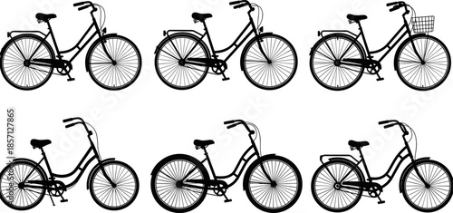 Bicycle vector illustration set, black and white city bikes silhouettes, classic urban cycling transport designs, retro commuter bicycles, minimal flat style collection