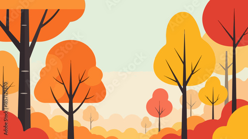 Colorful Autumn Forest Landscape Illustration Featuring Vibrant Trees in Orange, Red, and Yellow Hues Against a Serene Hazy Sky, Depicting the Tranquil Beauty of Fall Season