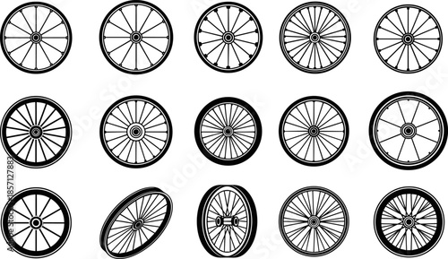 Bicycle wheel silhouettes collection, detailed black vector illustration set showing spokes, rims, hubs in multiple styles for transport, cycling design