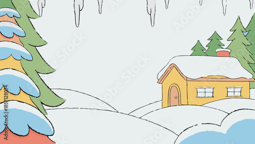 Cozy Winter Cabin Landscape with Snowy Pine Trees Illustration