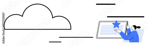 Cloud computing, digital transformation, remote access, storage solutions, UX design, data transfer. Abstract art showing a cloud and person interacting with a digital tablet. Cloud computing