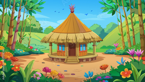 Tropical hut in lush forest