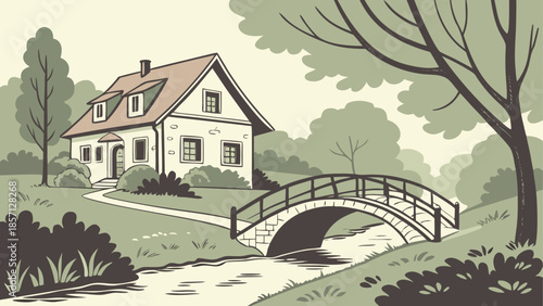 Serene cottage beside a picturesque bridge