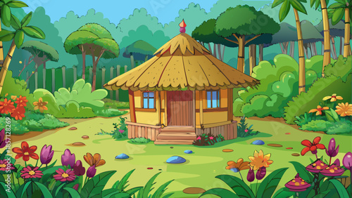 Tropical hut in lush forest