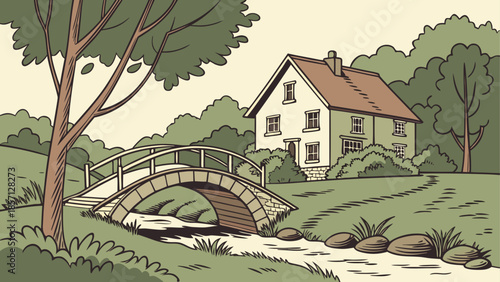 Serene cottage by a picturesque bridge